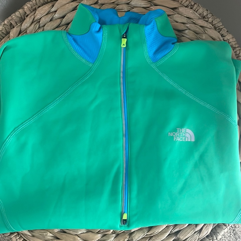 North face womens fleece lined green and blue quarter zip. Size medium